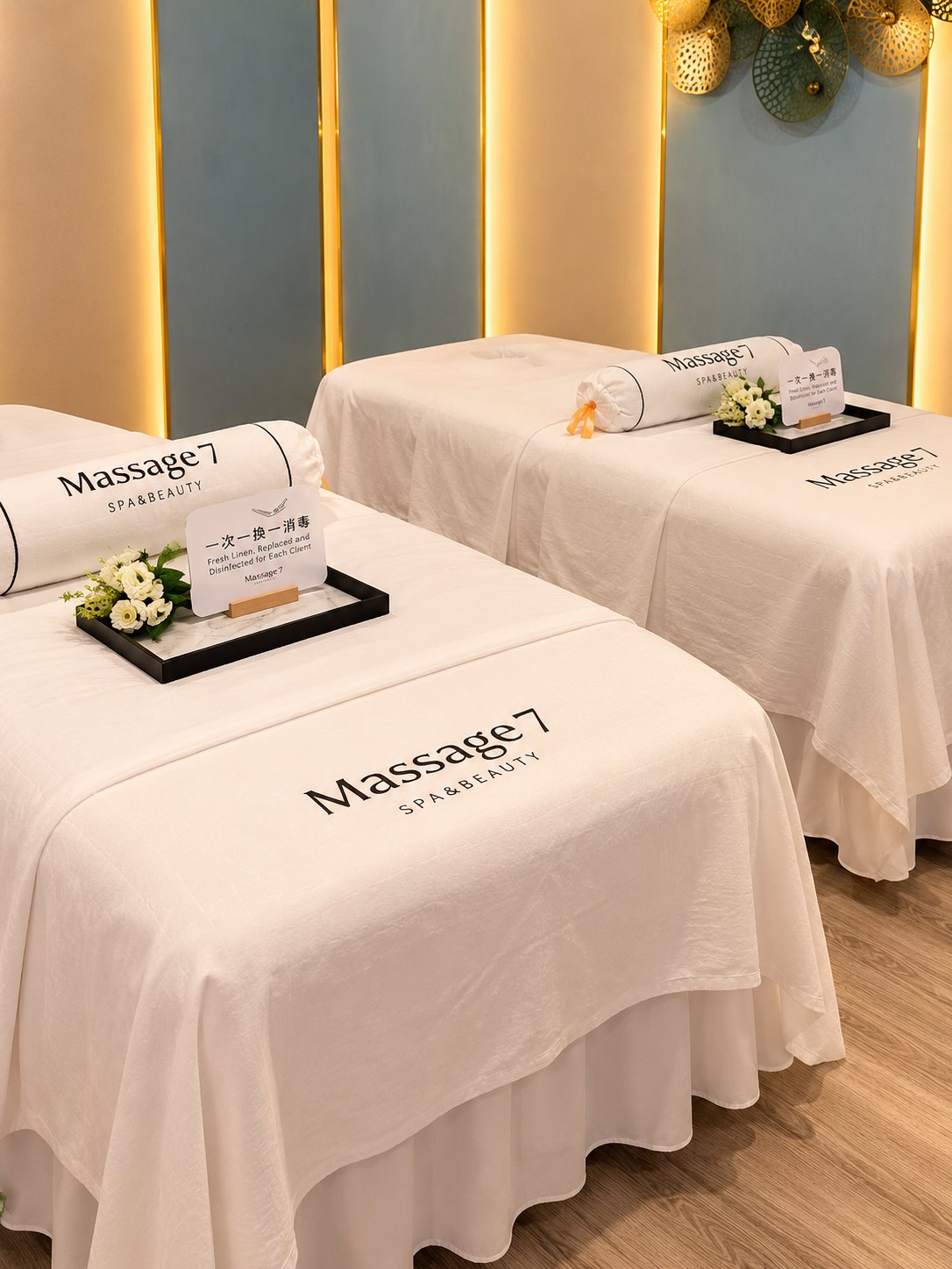 Two treatment beds in a soft blue and gold Massage 7 room
