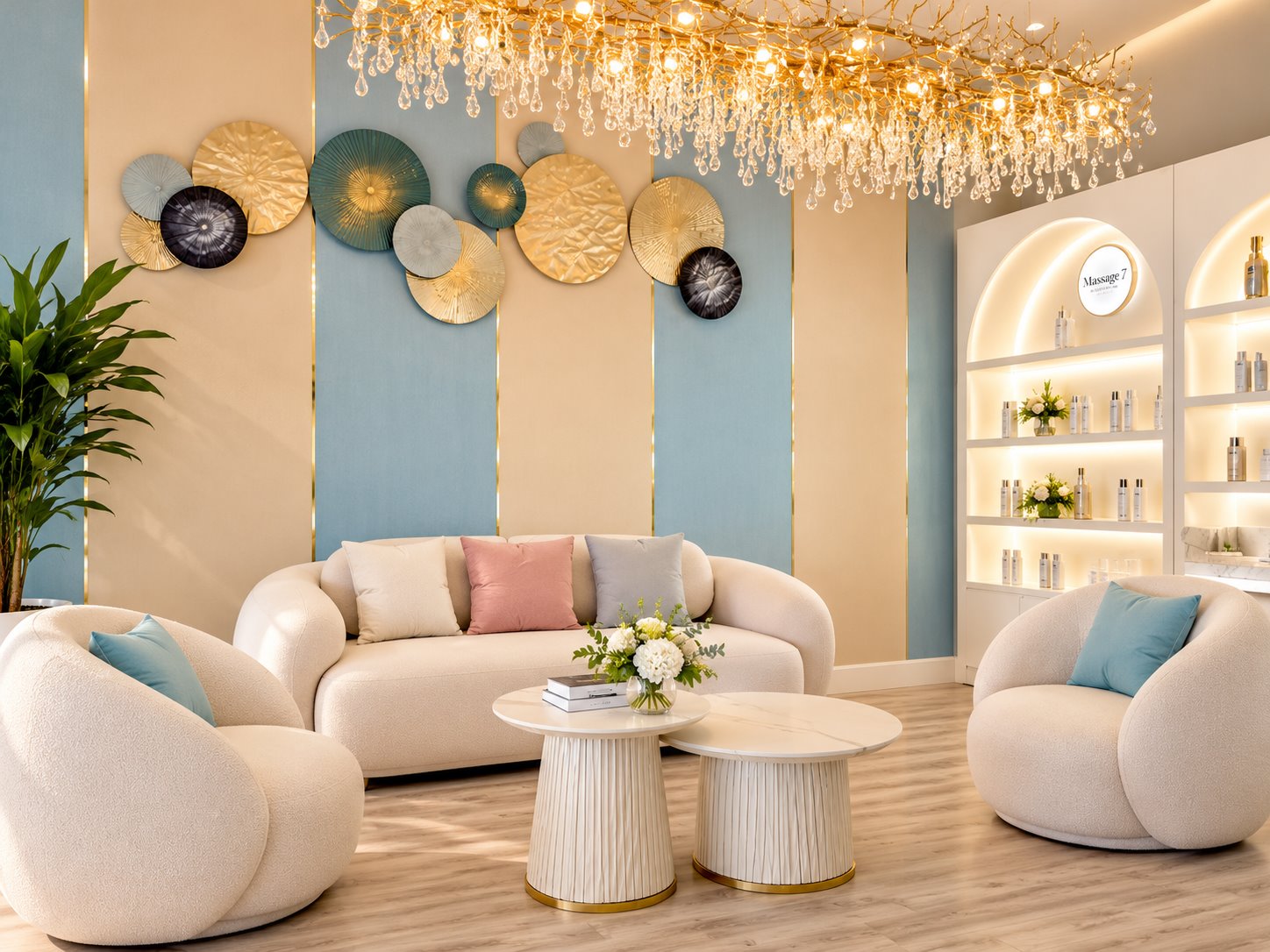 The Massage 7 lounge beneath a golden chandelier