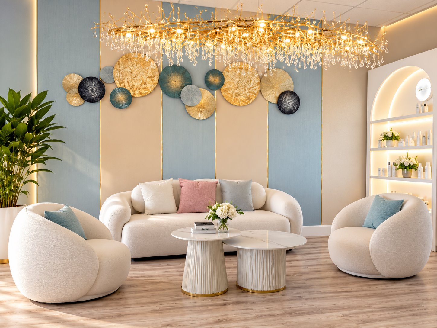 The blue and gold Massage 7 lounge with a crystal chandelier and cream seating