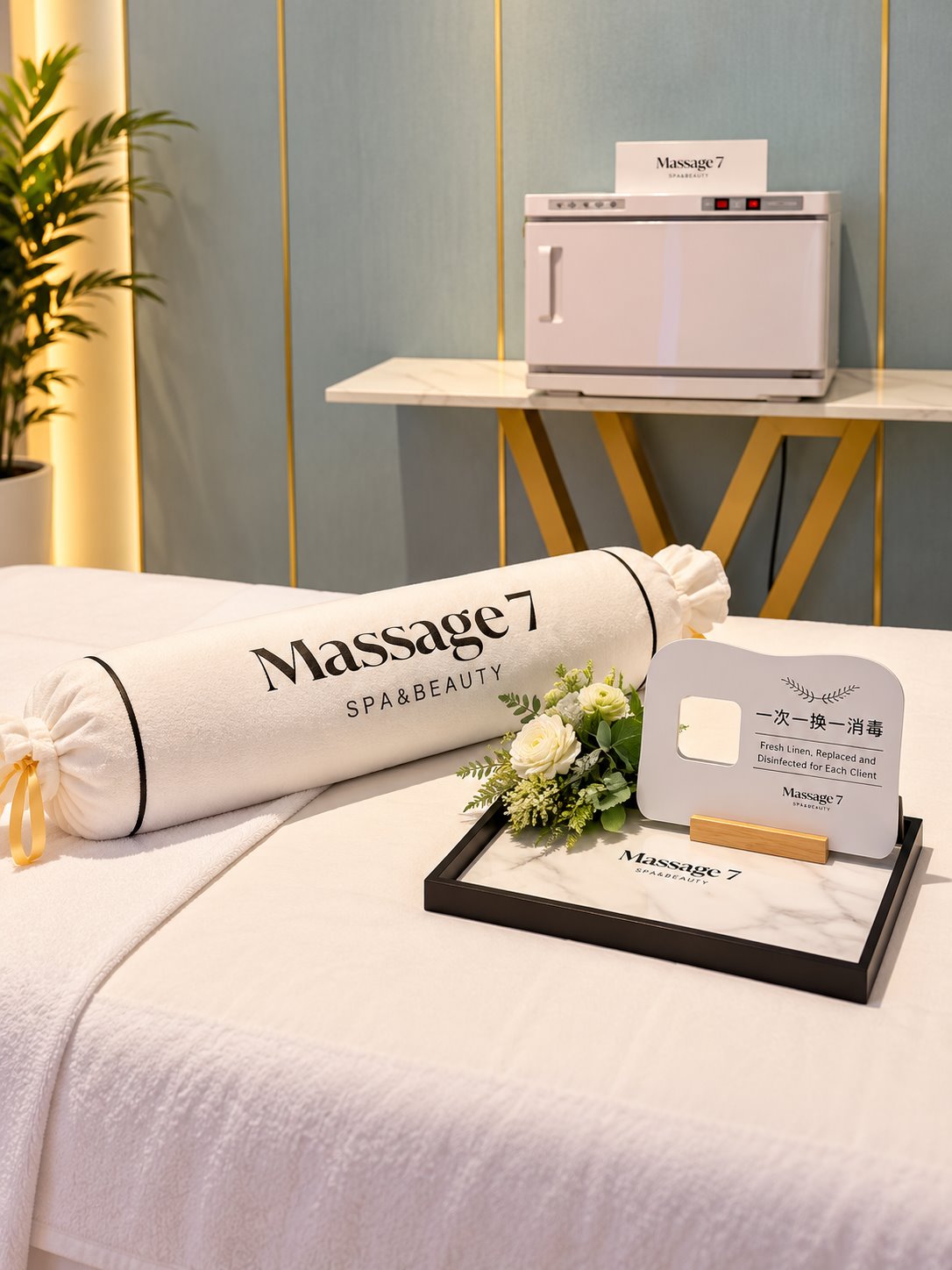 White treatment linens and Massage 7 towel